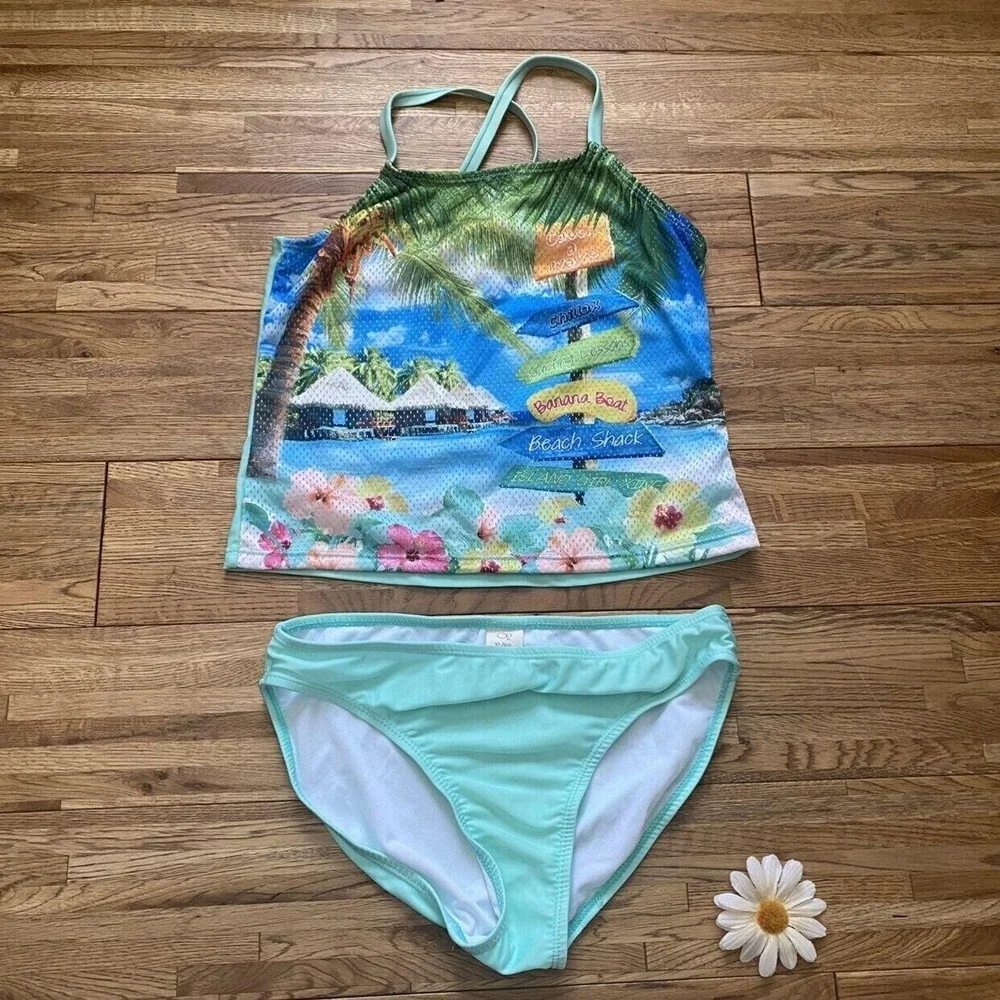 OP Ocean Pacific Mint & Multi-Color Mesh Hawaiian Tankini Swim Top And Bottoms X